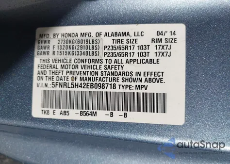2014 Honda Odyssey Ex z USA, uszkodzony, nr VIN 5FNRL5H42EB098718